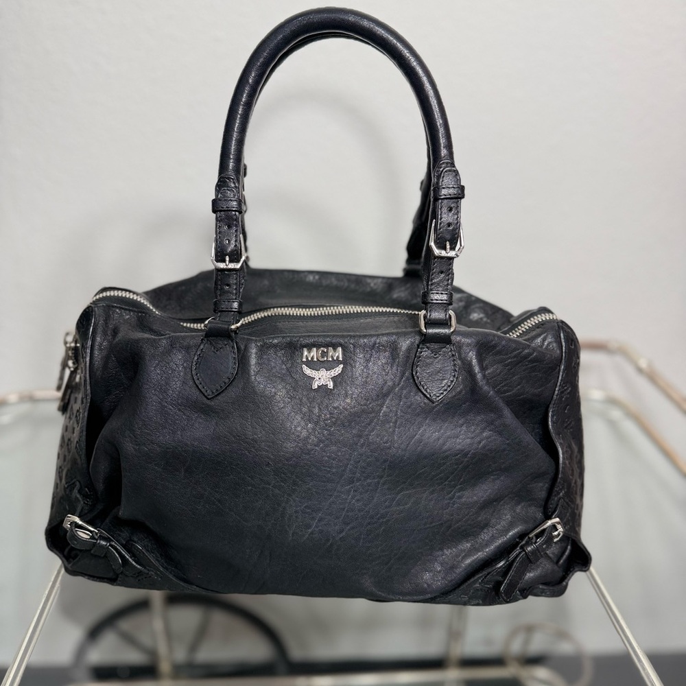 MCM Black Leather Satchel with Silver Accents